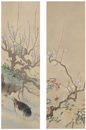立原杏所「雪中小禽柳下水禽図」(水戸市指定文化財)