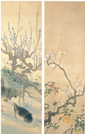立原杏所《雪中小禽・柳下水禽図》絹本著色二幅（水戸市指定文化財）